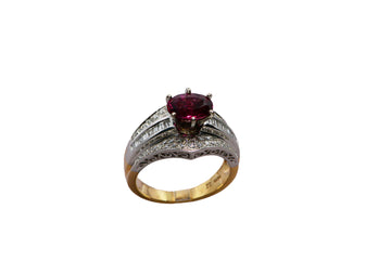 full view of the ring showing filigree and the two tone band